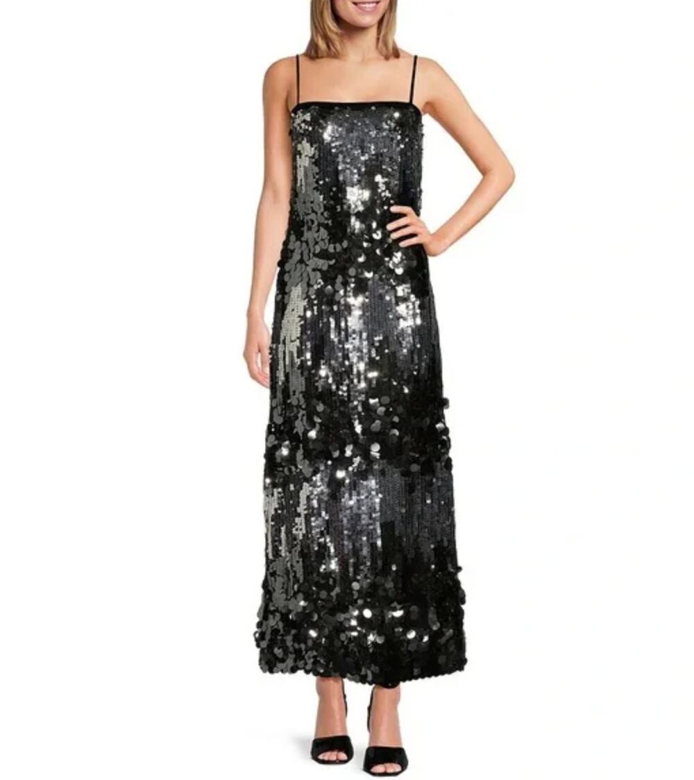 Le' AL.X Sequin Maxi Slip Dress Square Neck Spaghetti Strap Gray Party XS NWT